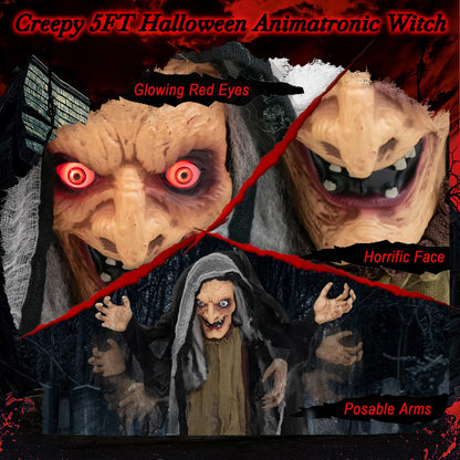 5 Ft Standing Animatronic Witch with Red Eyes