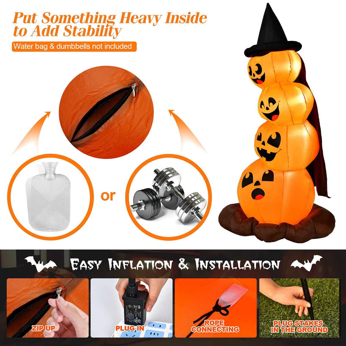 7 Ft Inflatable Stacked Pumpkins with Witch Hat