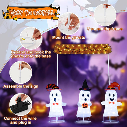 Lighted Halloween Ghost Set with Sign, 4 Pieces
