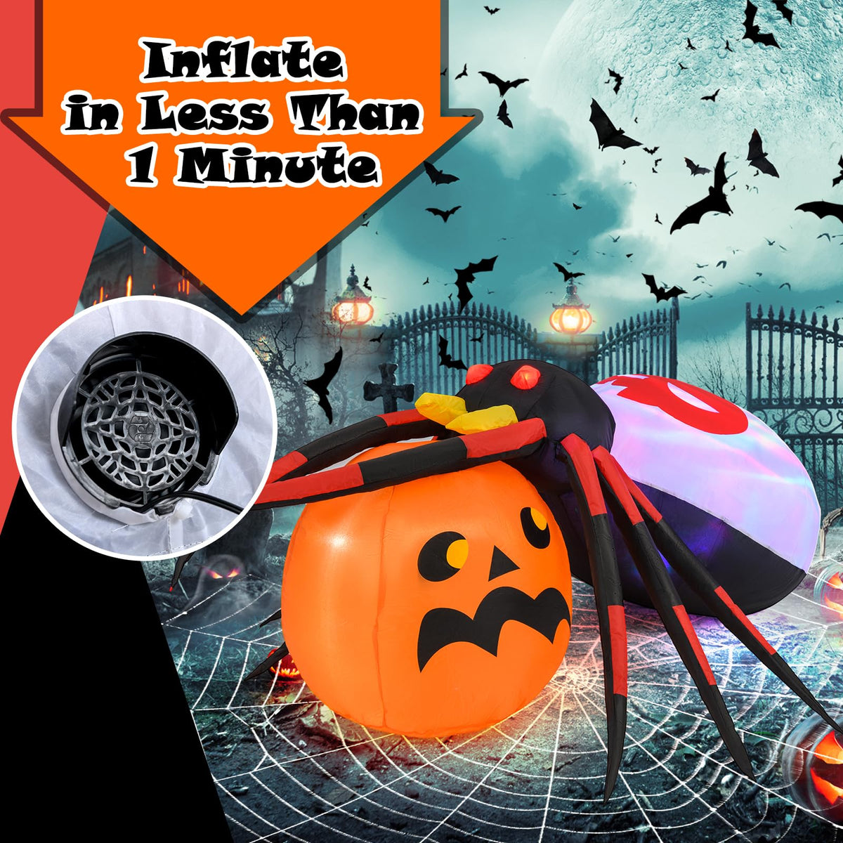 5 Ft Inflatable Spider on Pumpkin Yard Decoration