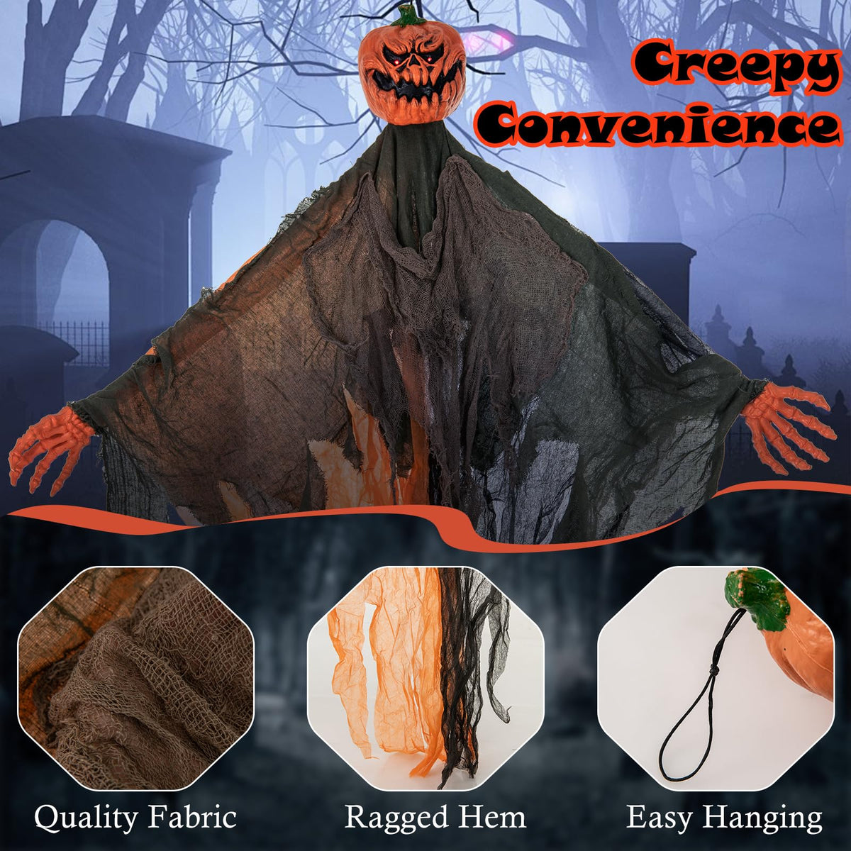 6 Ft Hanging Ghost Pumpkin Man with LED Eyes