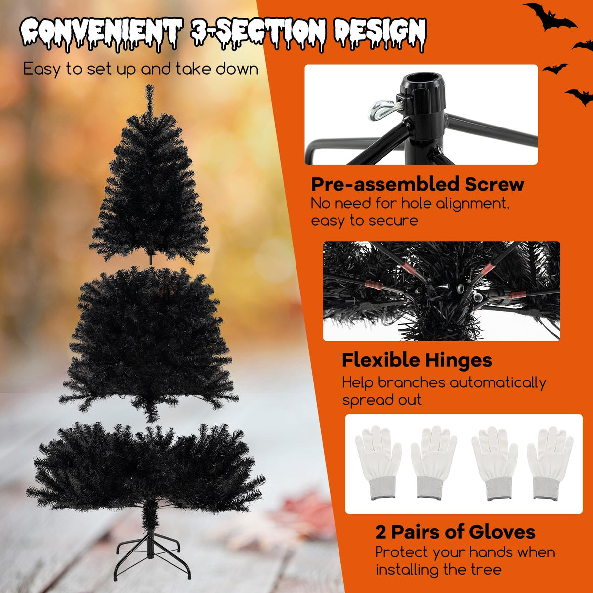 6, 7 or 8 Ft Pre-Lit Black Halloween Tree
