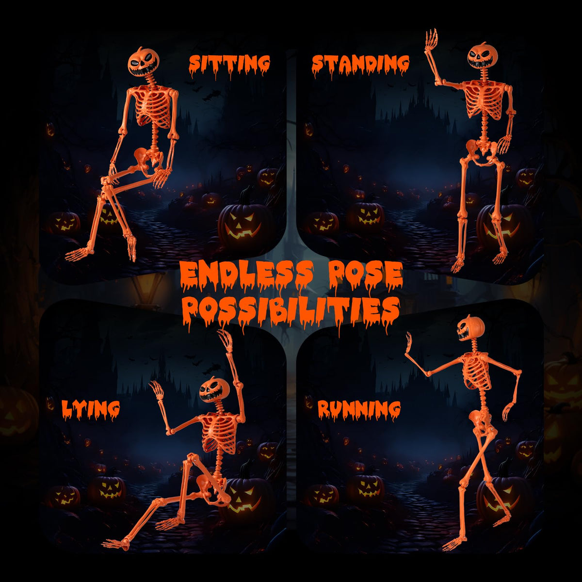5.2 Ft Posable Orange Skeleton, Pumpkin Head