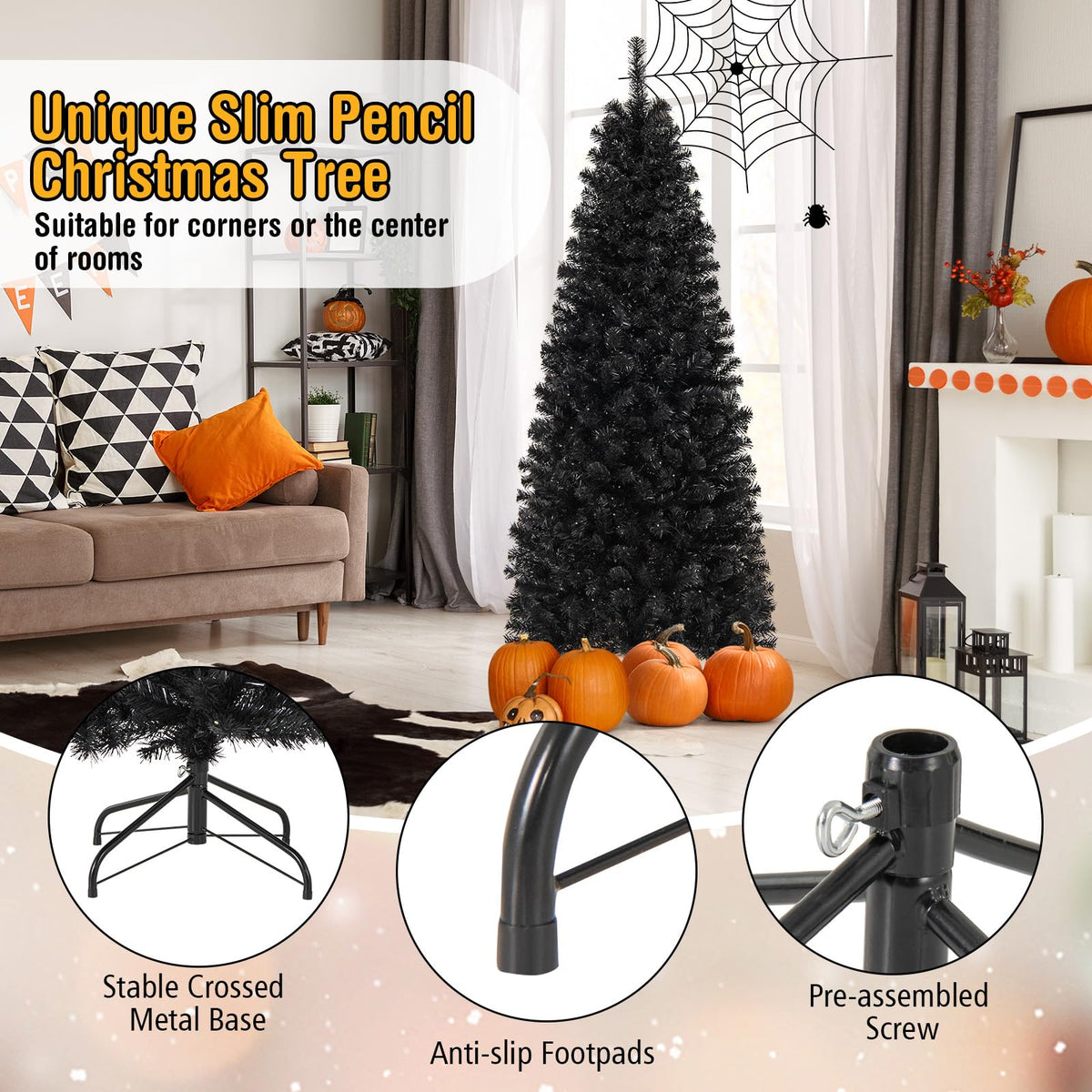 6 Ft Pre-Lit Black Pencil Tree, 280 LED Lights