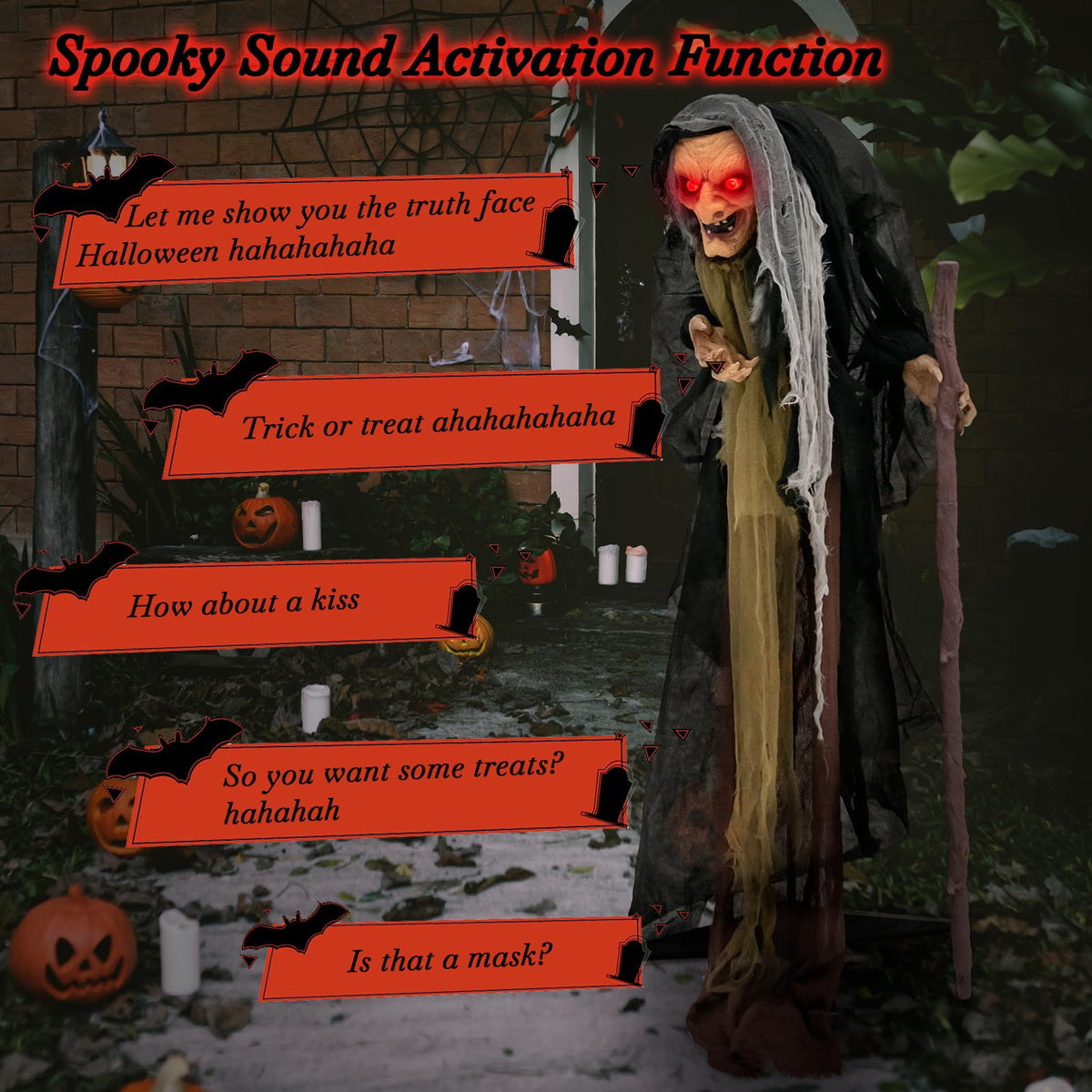 5 Ft Standing Animatronic Witch with Red Eyes