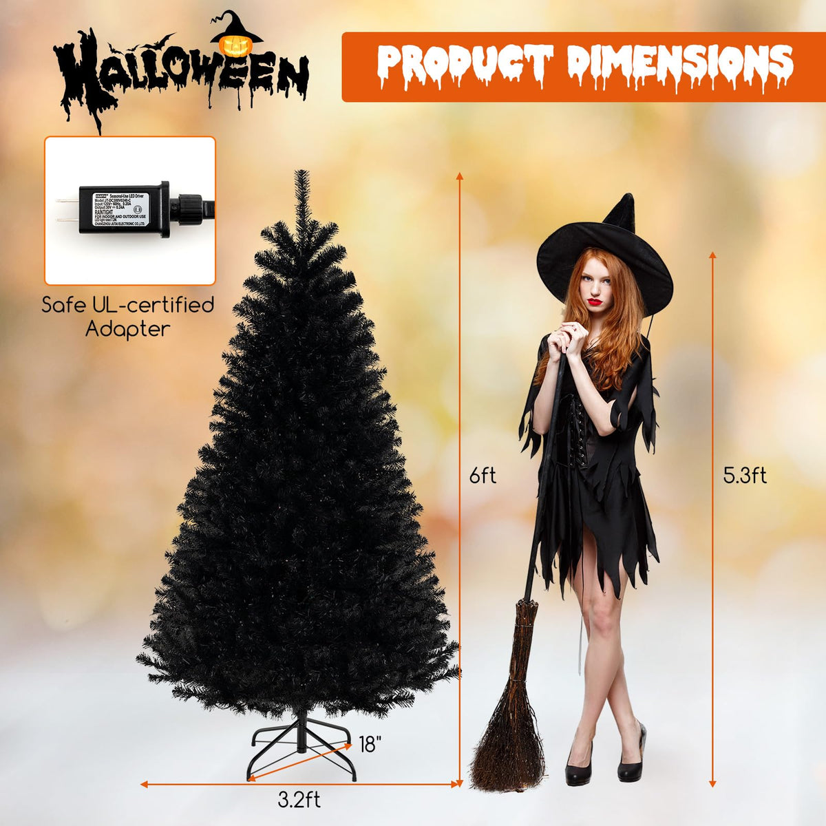 6, 7 or 8 Ft Pre-Lit Black Halloween Tree