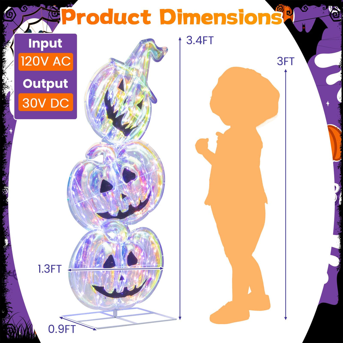 3.4 Ft Light Up Stacked Pumpkins, 150 LEDs
