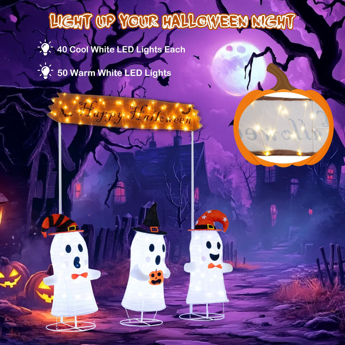 Lighted Halloween Ghost Set with Sign, 4 Pieces