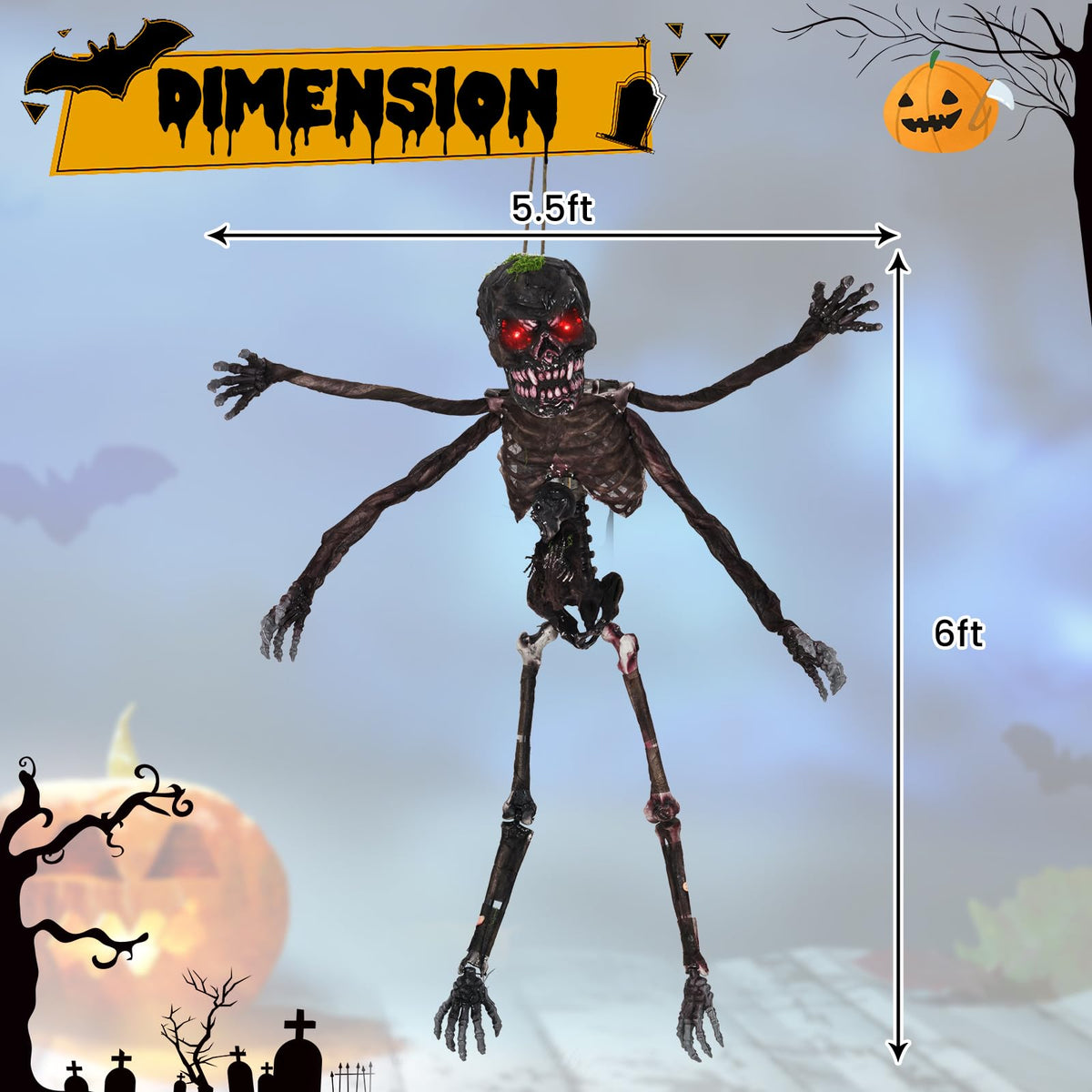 6 Ft Hanging Animated Zombie with Red Eyes