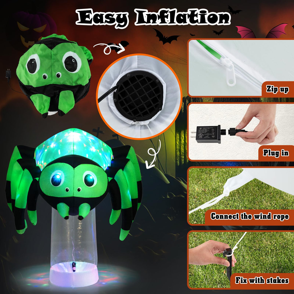 6 Ft Inflatable Spider with Rotating Light Column