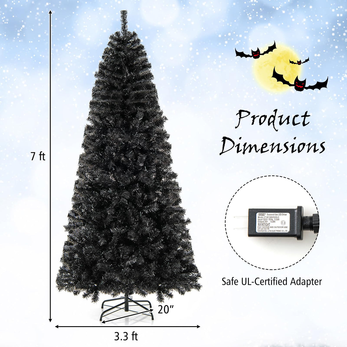 7 Ft Pre-Lit Black Halloween Tree, Bendable Top