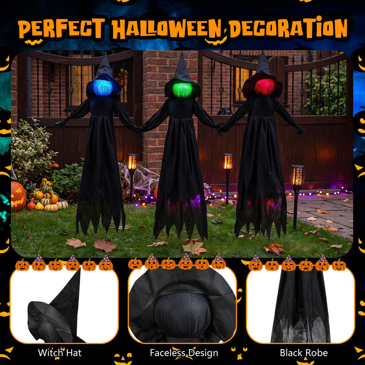 9.3 Ft Light Up Witch Yard Stakes, Set of 3