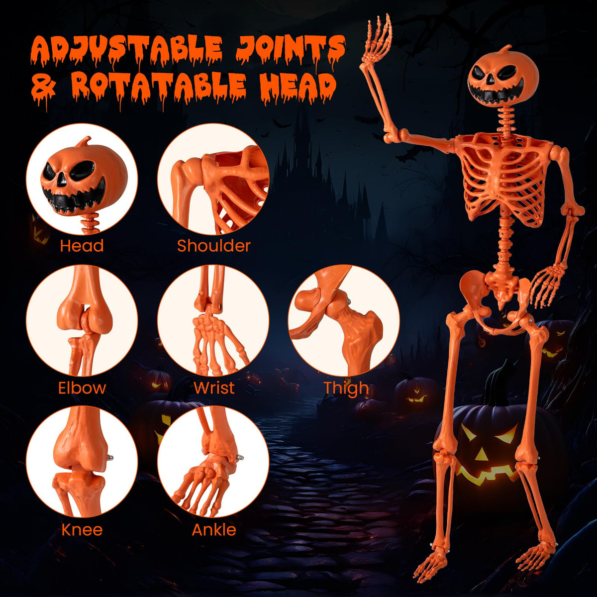 5.2 Ft Posable Orange Skeleton, Pumpkin Head
