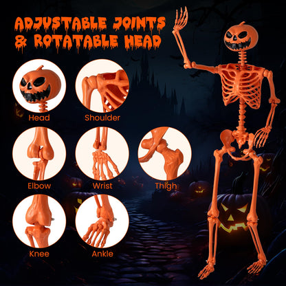 5.2 Ft Posable Orange Skeleton, Pumpkin Head