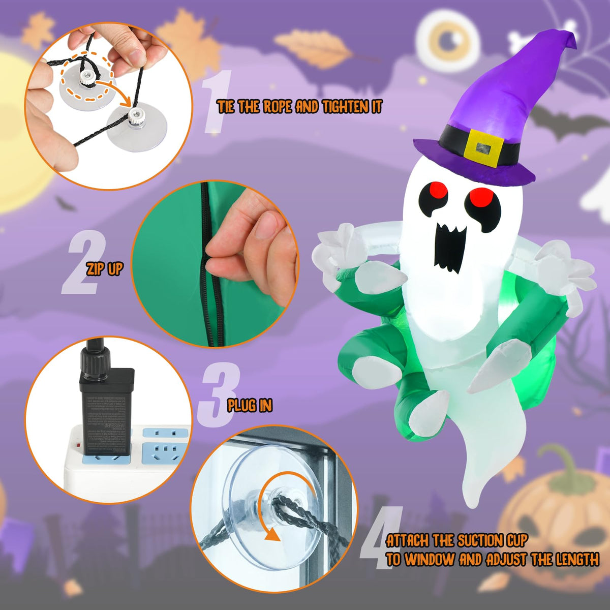 3.6 Ft Inflatable Window Ghost with LED Lights