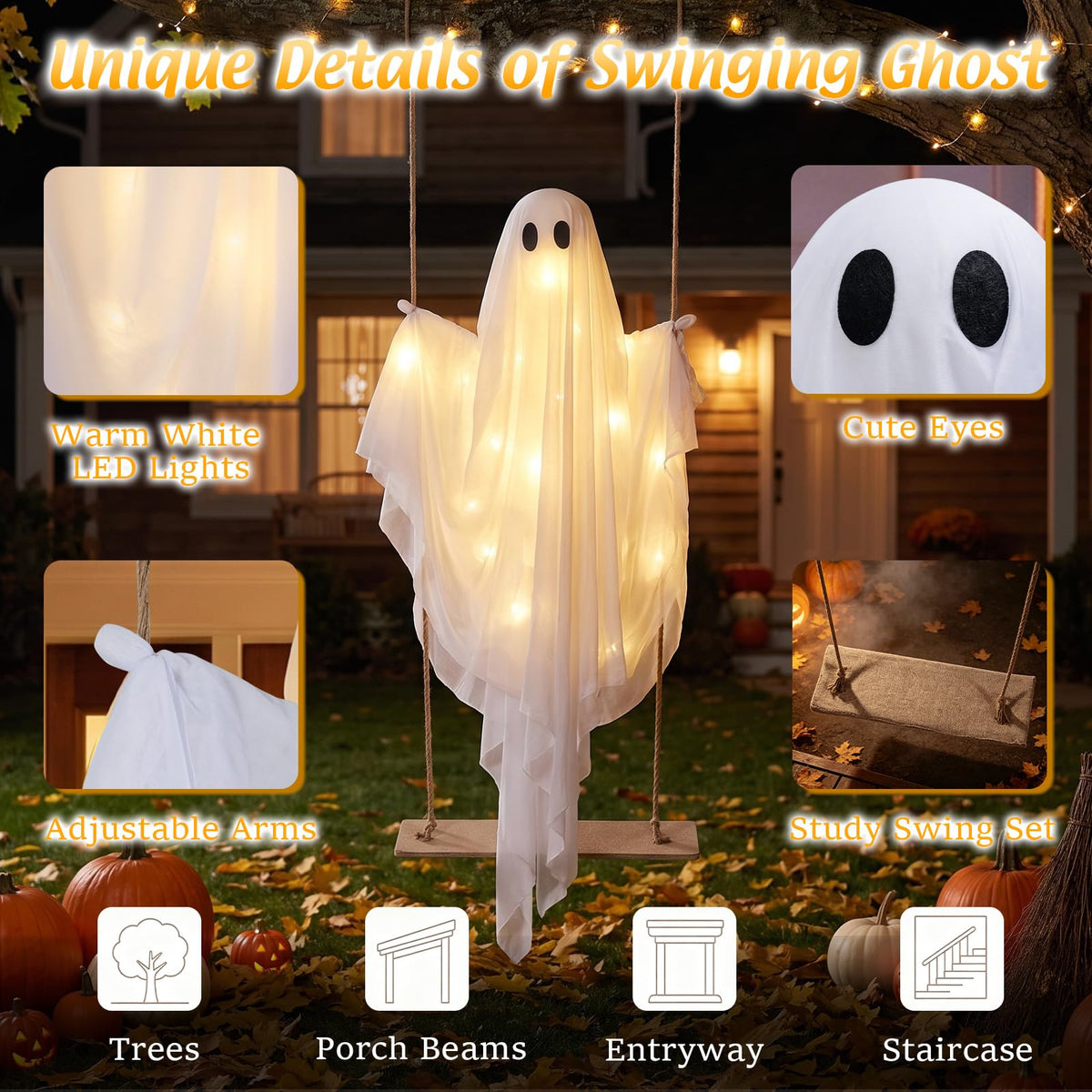 5 Ft Hanging Swing Ghost with LED Lights
