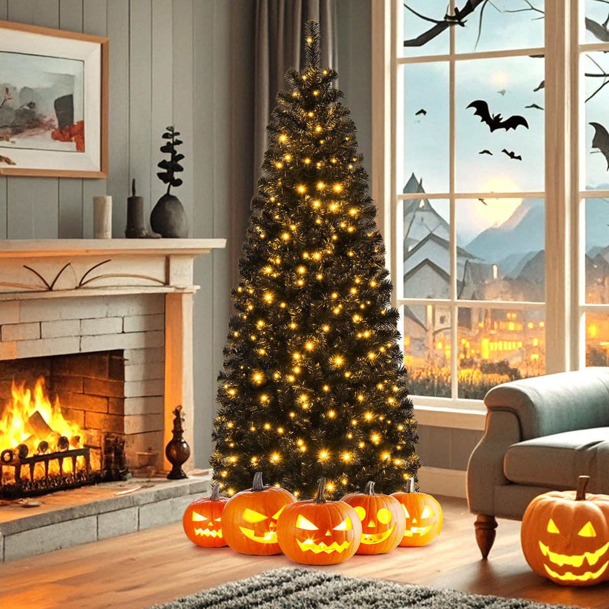 6 Ft Pre-Lit Black Pencil Tree, 280 LED Lights
