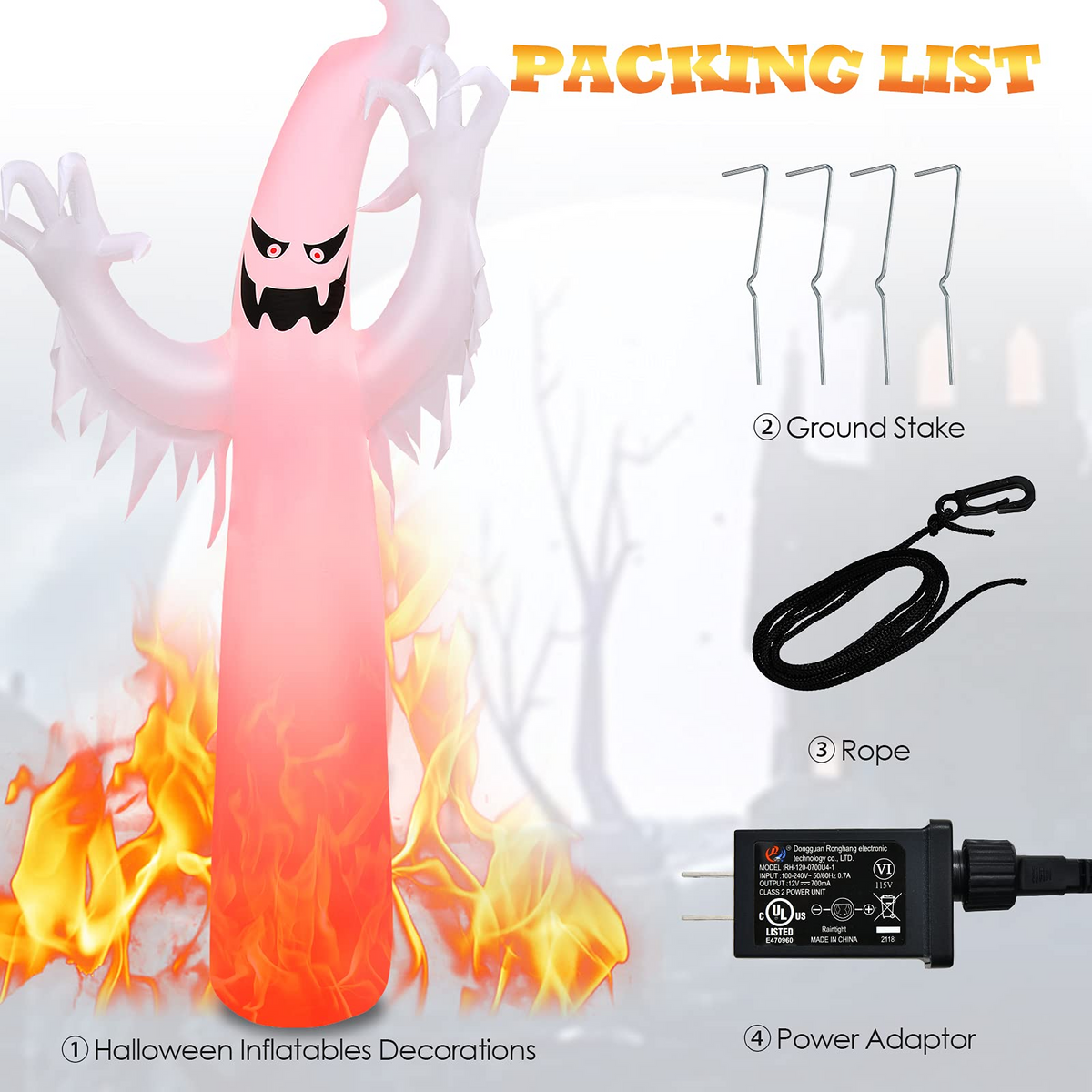 12 Ft Inflatable Ghost with Flame Light Effect