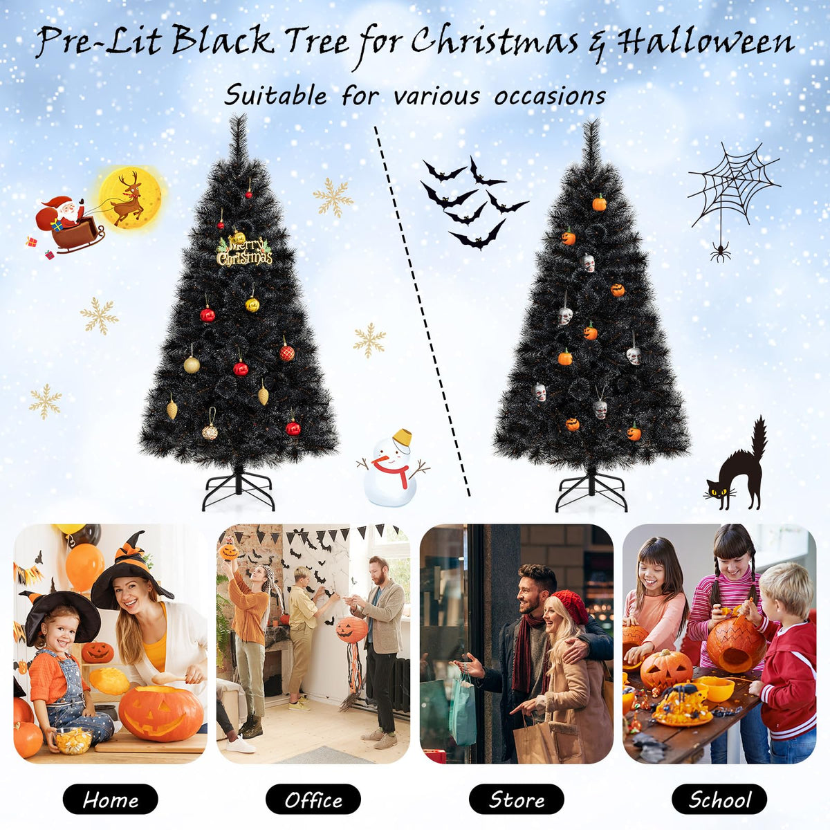 6, 7 or 8 Ft Pre-Lit Black Artificial Tree