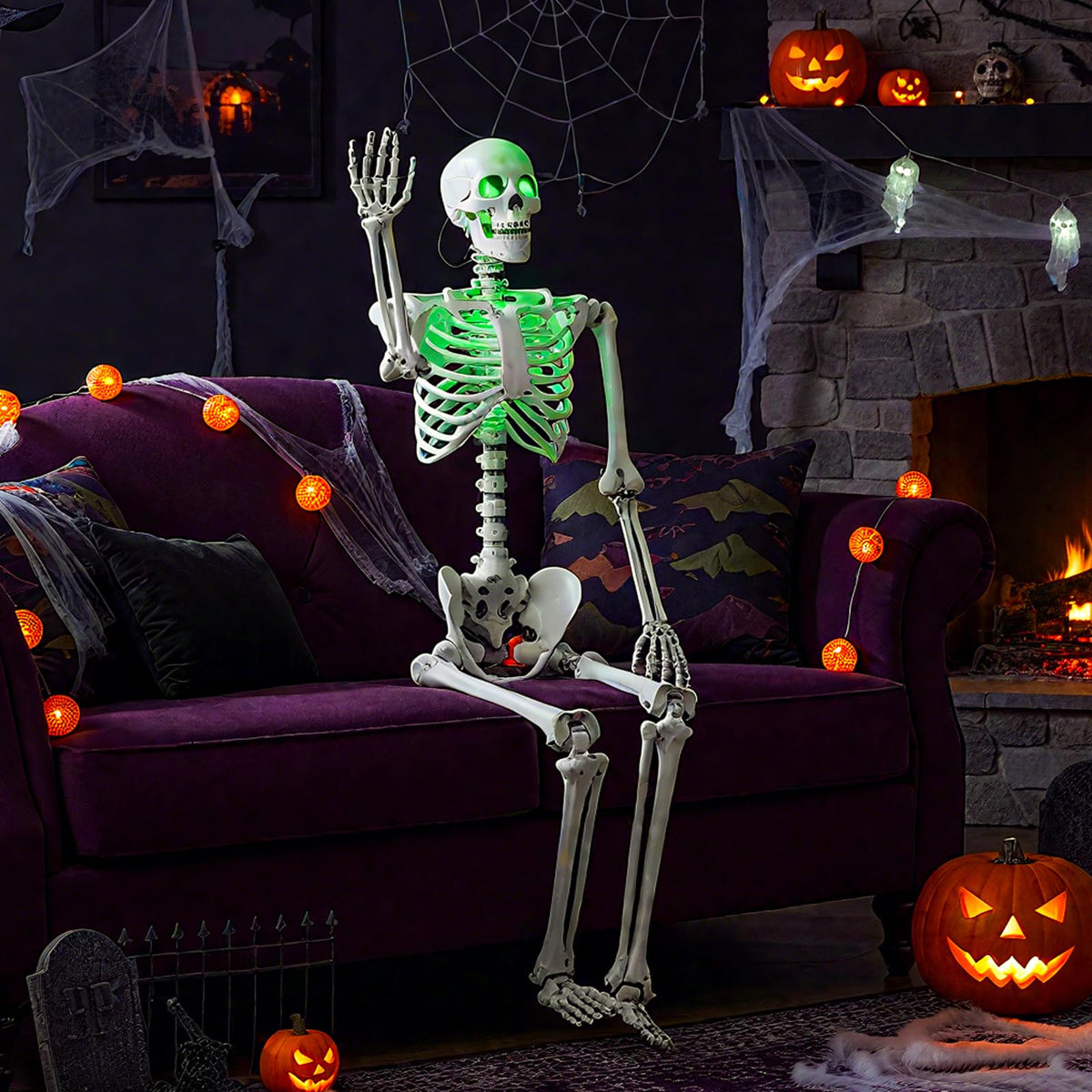 63 In Posable Skeleton with Green LED Glow