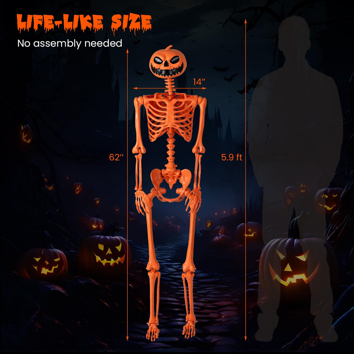 5.2 Ft Posable Orange Skeleton, Pumpkin Head