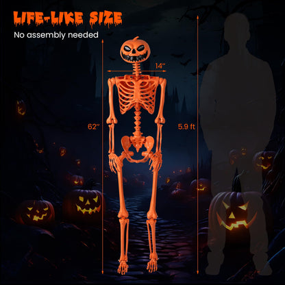 5.2 Ft Posable Orange Skeleton, Pumpkin Head