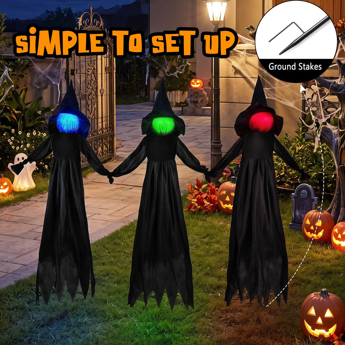 9.3 Ft Light Up Witch Yard Stakes, Set of 3