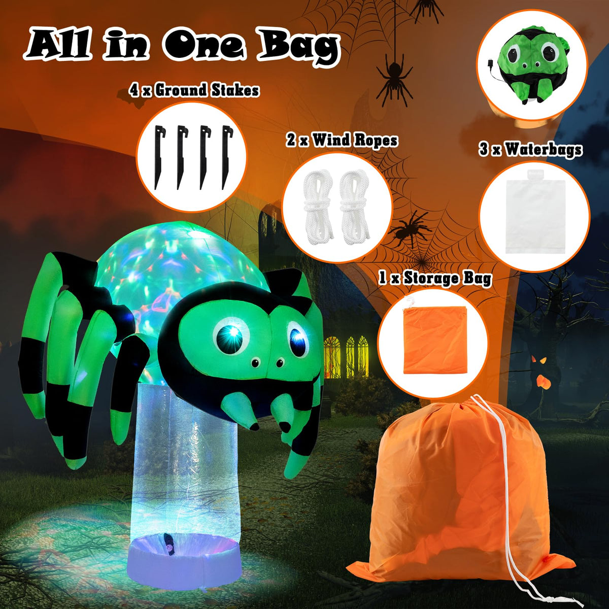 6 Ft Inflatable Spider with Rotating Light Column