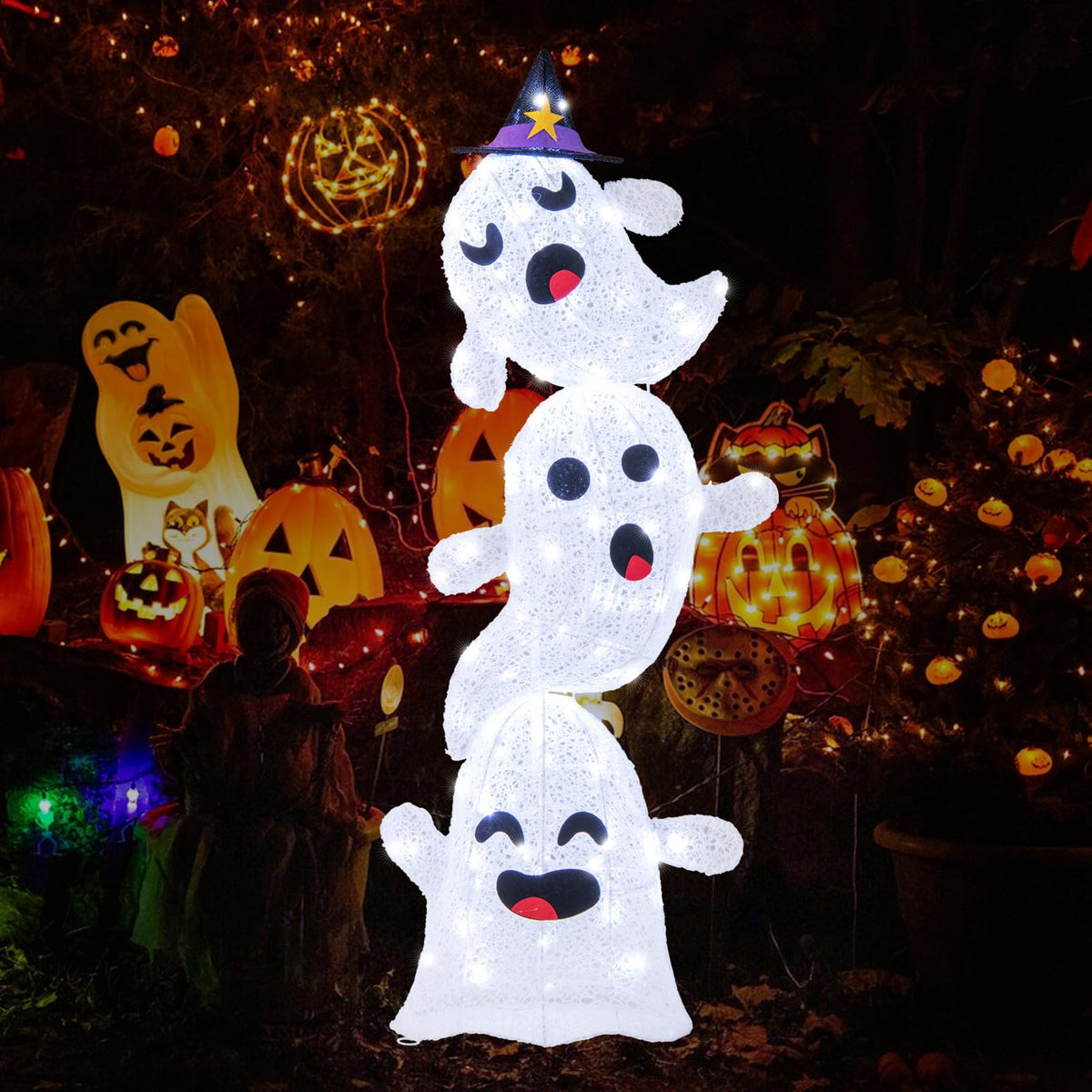 4 Ft Light Up Stacked Ghosts Yard Decoration
