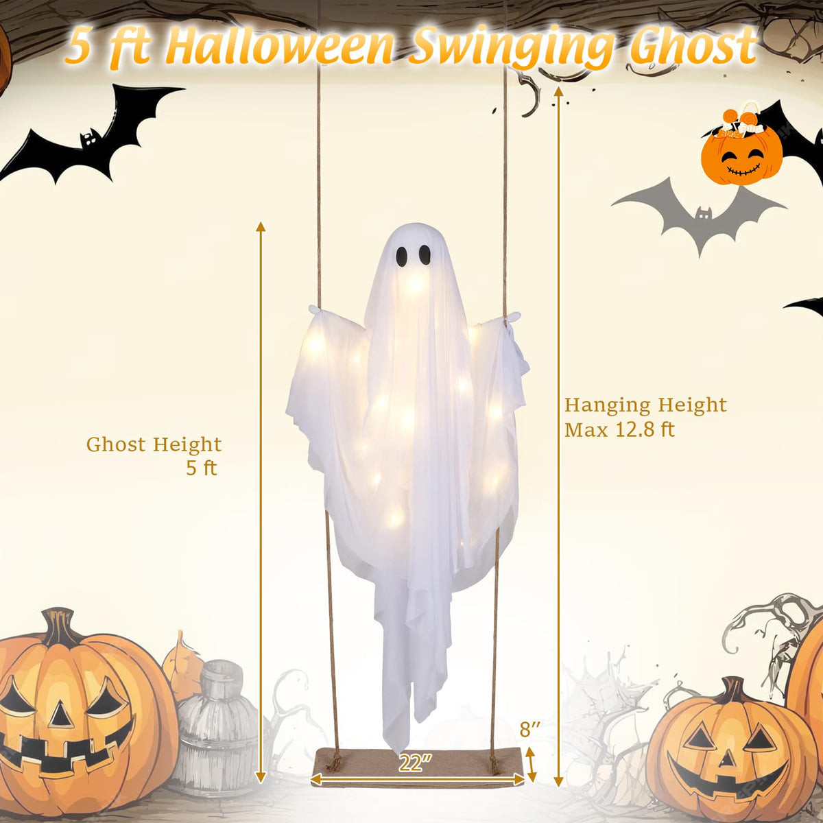 5 Ft Hanging Swing Ghost with LED Lights