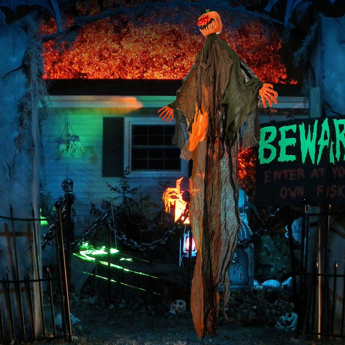 6 Ft Hanging Ghost Pumpkin Man with LED Eyes