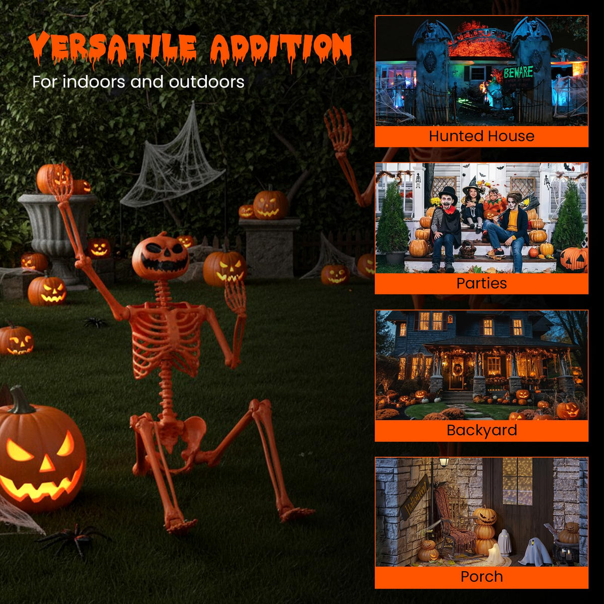 5.2 Ft Posable Orange Skeleton, Pumpkin Head
