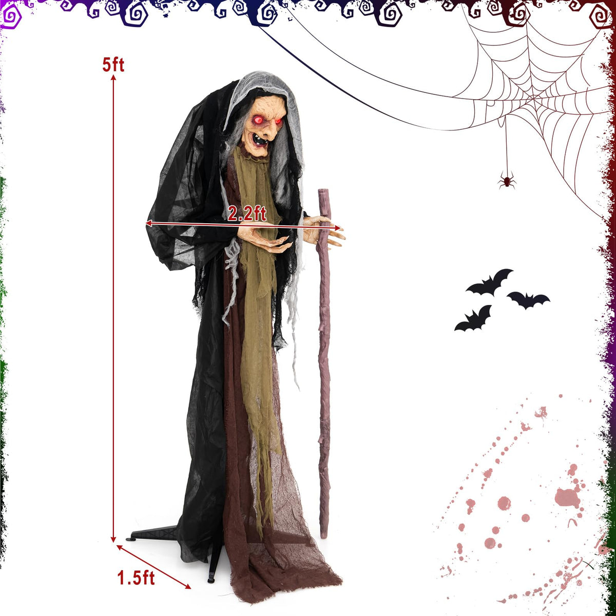 5 Ft Standing Animatronic Witch with Red Eyes
