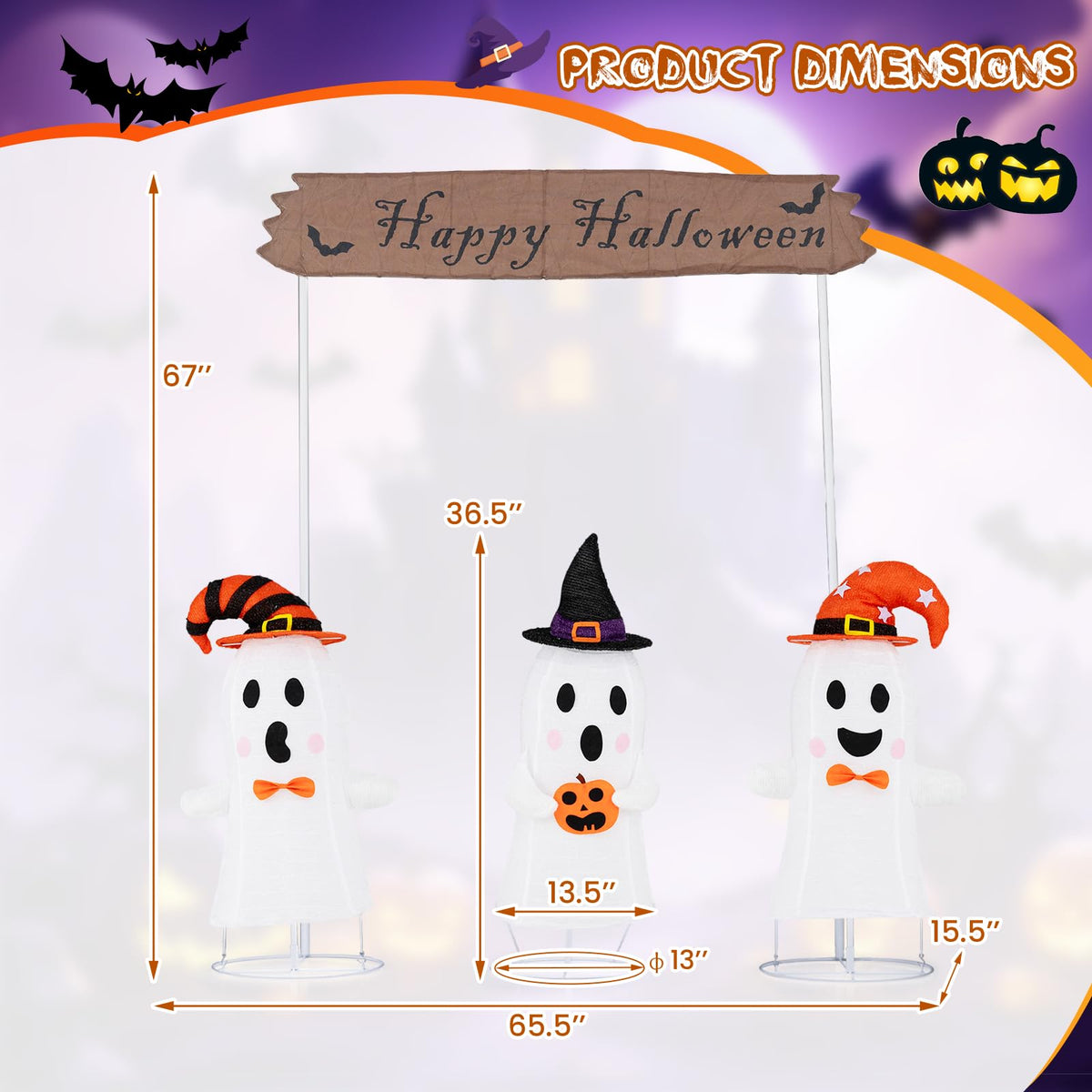 Lighted Halloween Ghost Set with Sign, 4 Pieces
