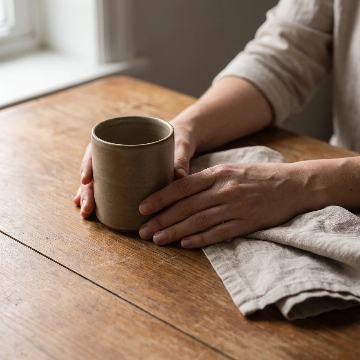 Hands resting on a wooden table with a stoneware cup